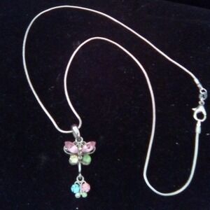925 Sterling Silver Butterfly Pendant Necklace MultiColor Rhinestone Snake Chain